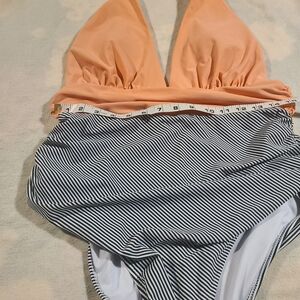 Peach and Striped One-Piece Swimsuit